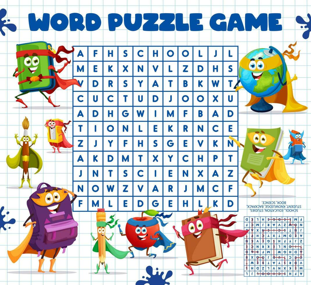 Word search game, stationery superhero characters vector
