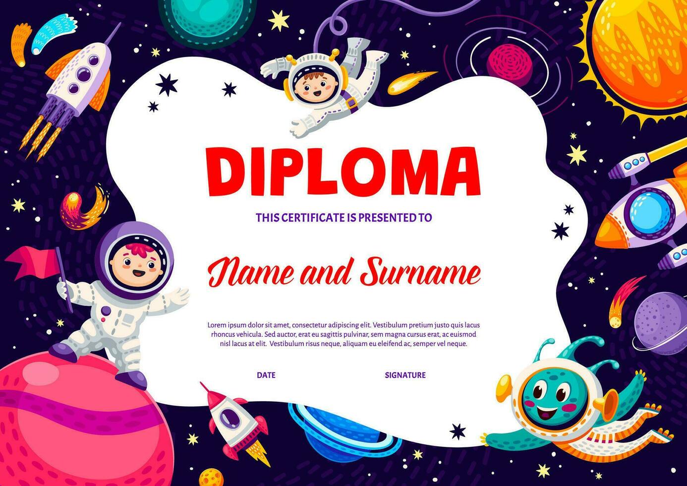 niños diploma dibujos animados cohetes, astronave, astronauta vector