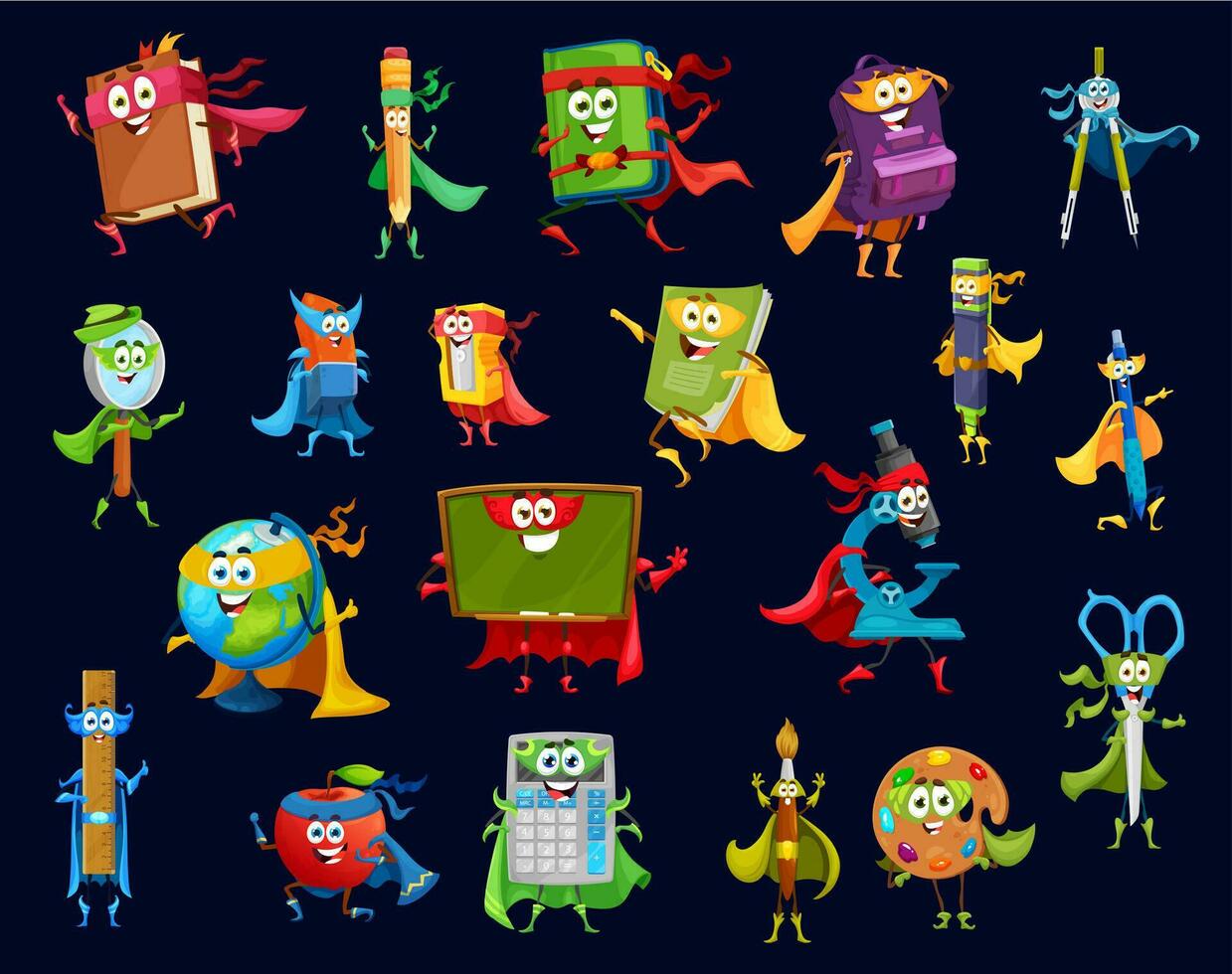 Cartoon school stationery and books characters vector