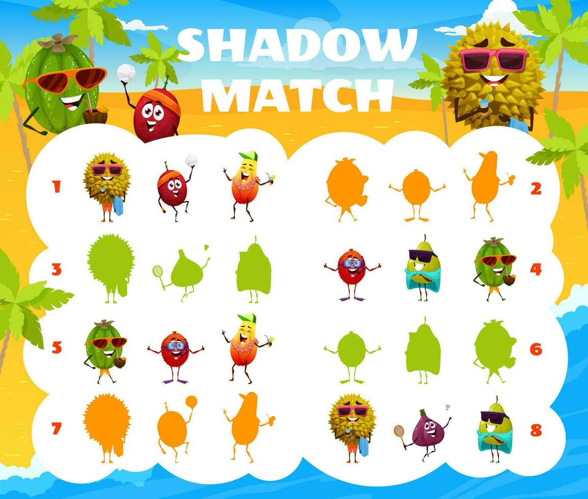 Shadow match game, cartoon fruits on summer beach vector