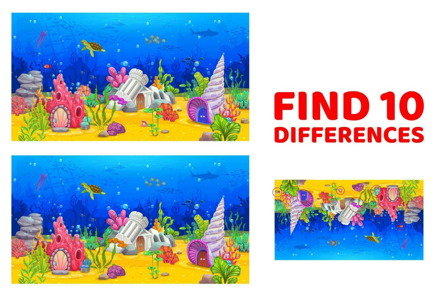 Find ten differences game with underwater houses vector