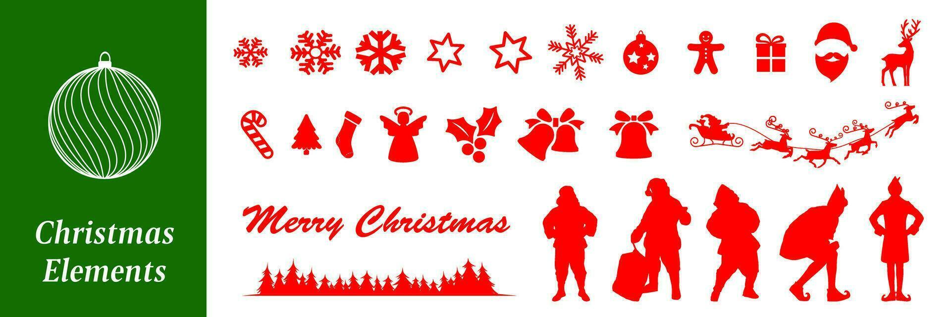 Navidad vector gráfico elementos colocar. Papa Noel noel, elfos, árboles, bombas, campanas
