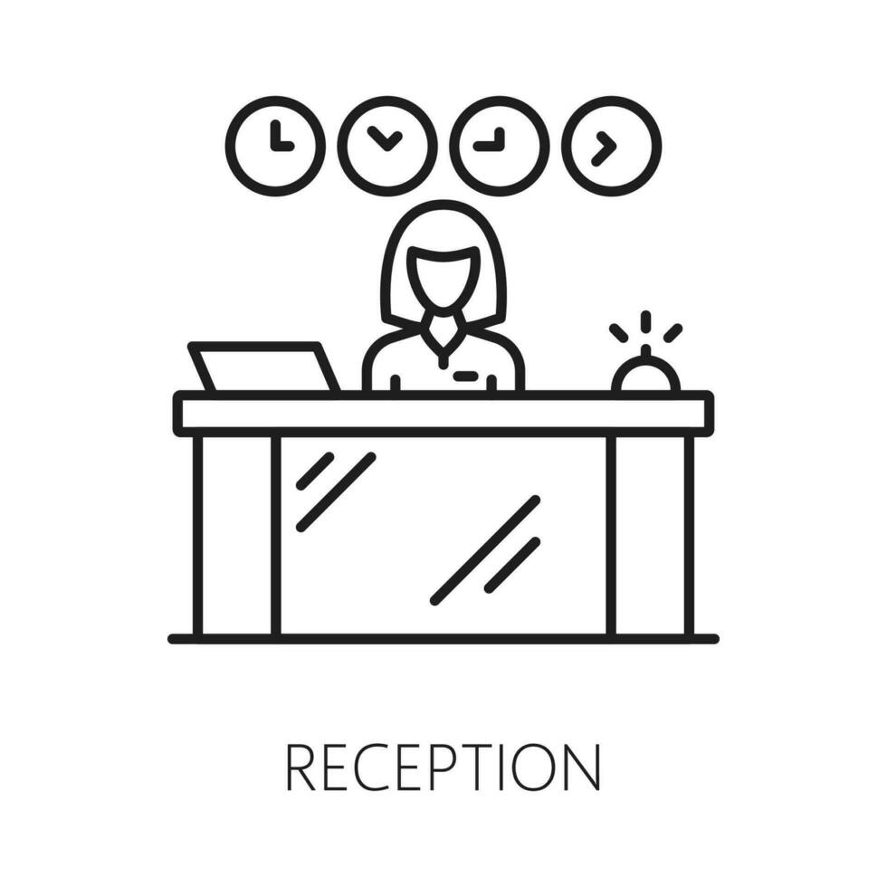 recepción escritorio icono, cliente hotel servicio, línea vector