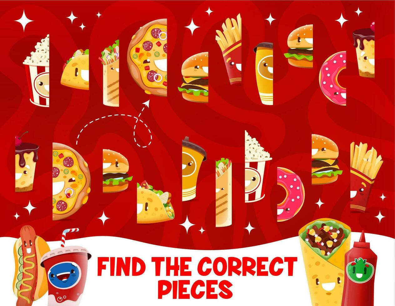 Find correct pieces of cartoon takeaway fast food vector