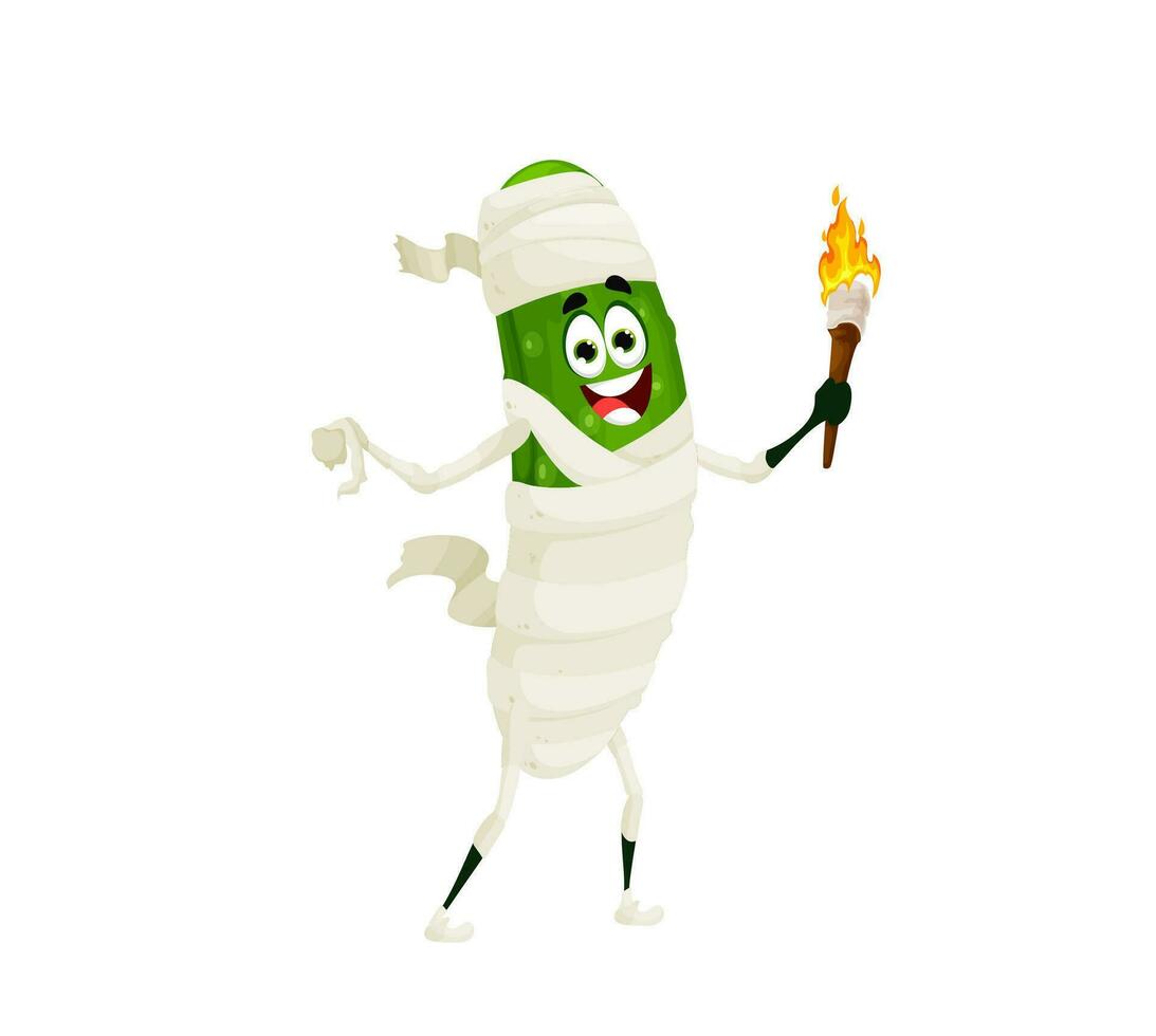 Cartoon halloween cucumber mummy spooky character vector