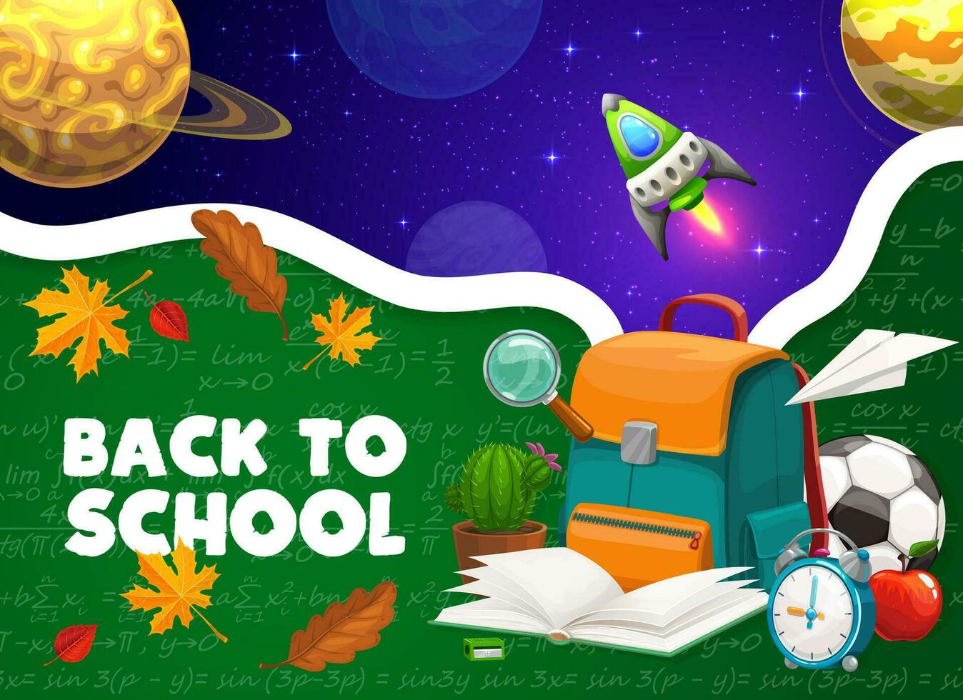 School education poster, space planets and rockets vector