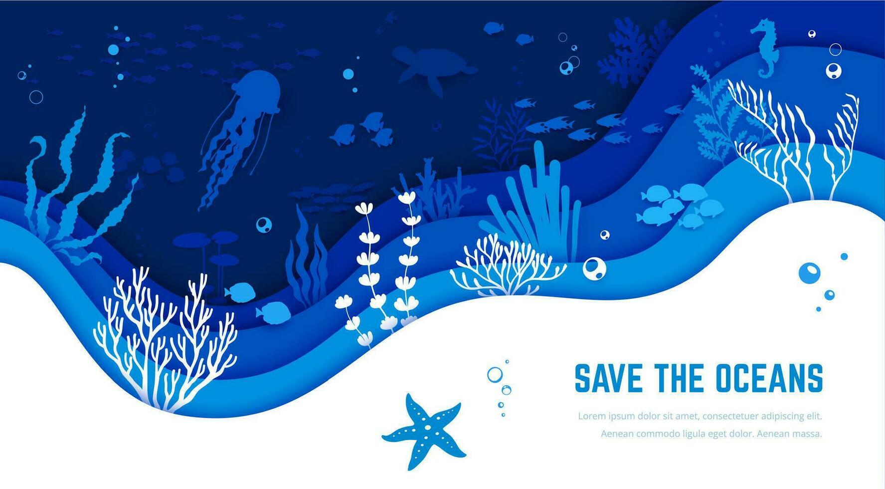 Save the ocean sea animals and seaweeds paper cut vector