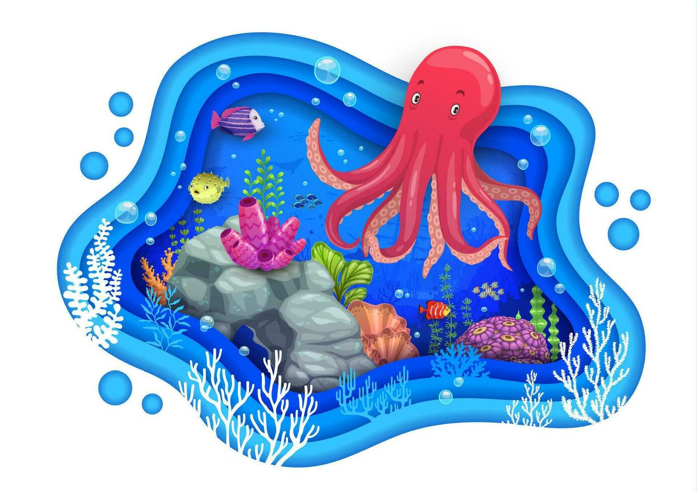 Cartoon pink octopus and sea paper cut, underwater vector
