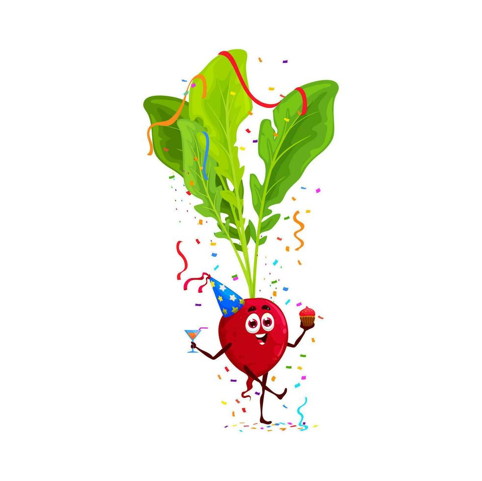 Cartoon radish vegetable character on birthday vector