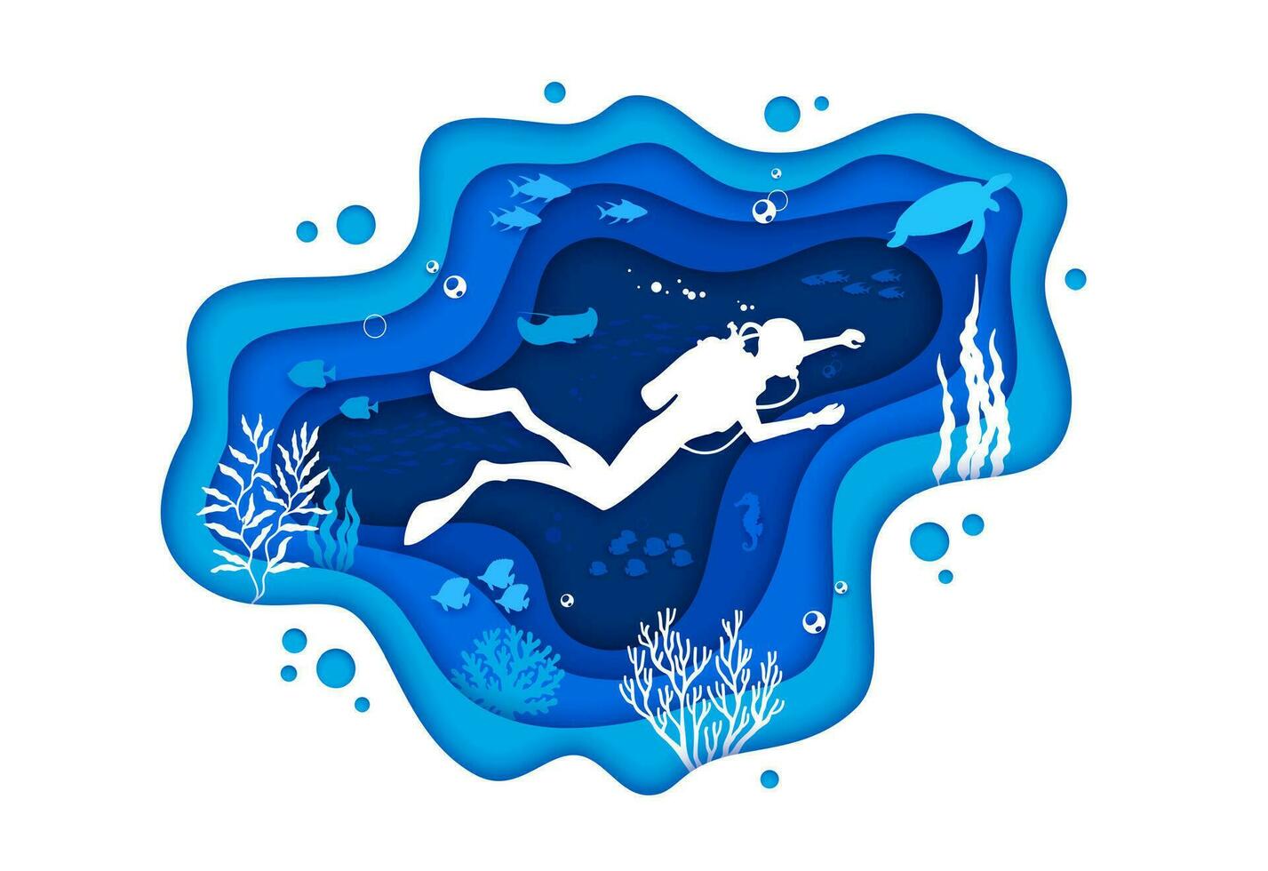 Diver on the ocean bottom sea paper cut underwater vector