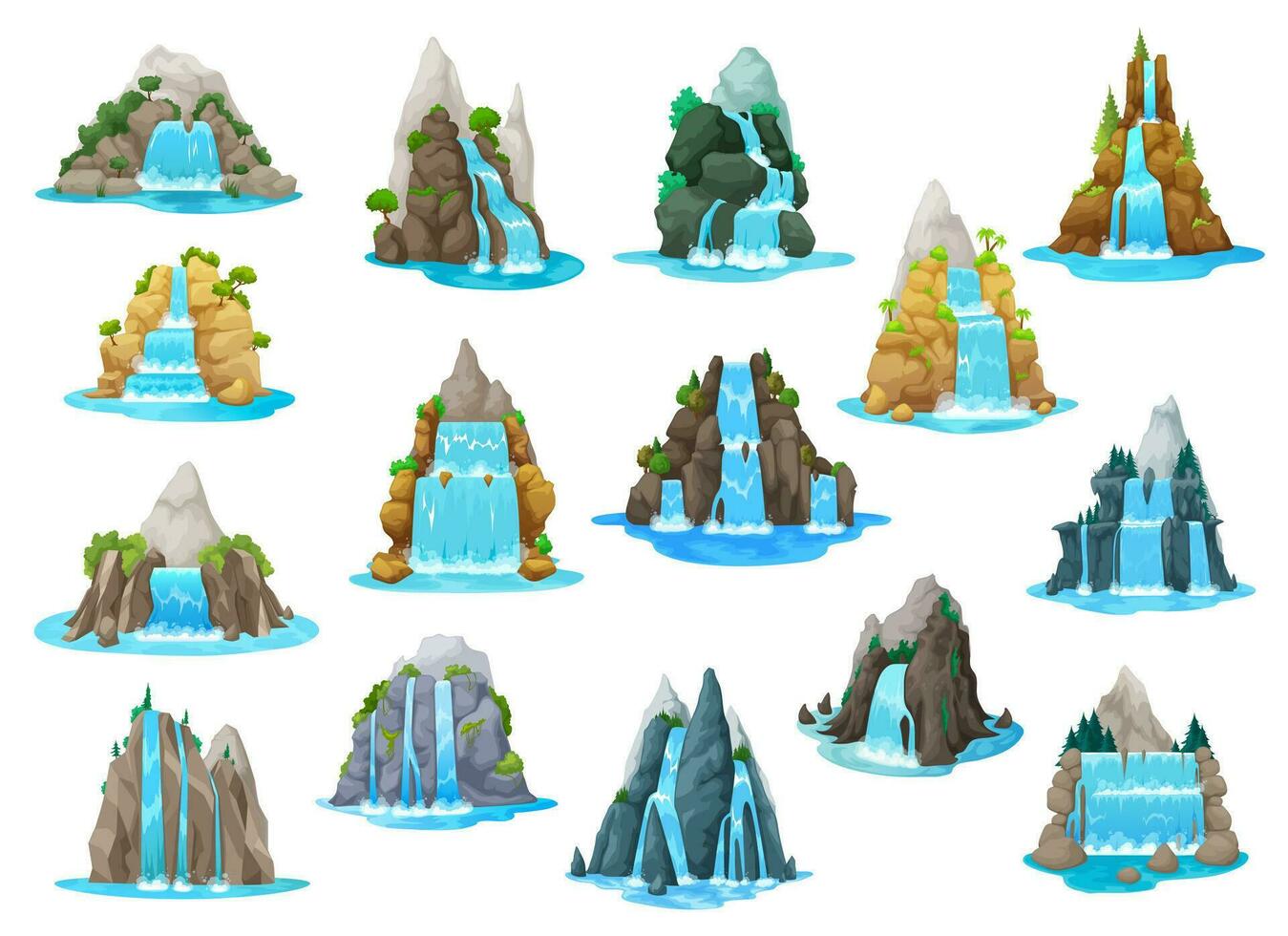 Cartoon waterfall and water cascade game asset vector