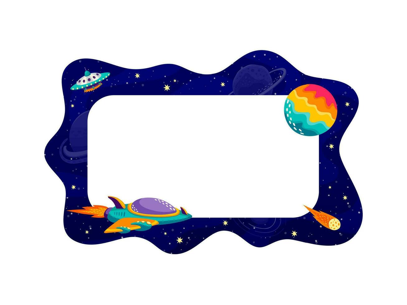 Border frame galaxy space landscape, spaceship vector