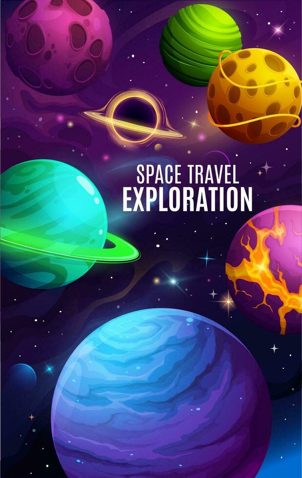 Cartoon galaxy space planets poster, alien earth vector