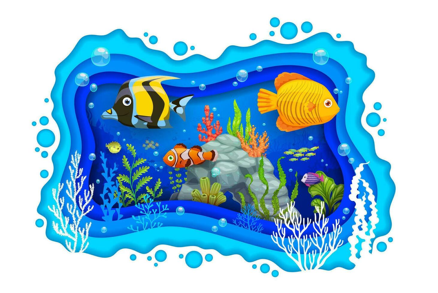 Cartoon tropical fish, sea paper cut underwater vector