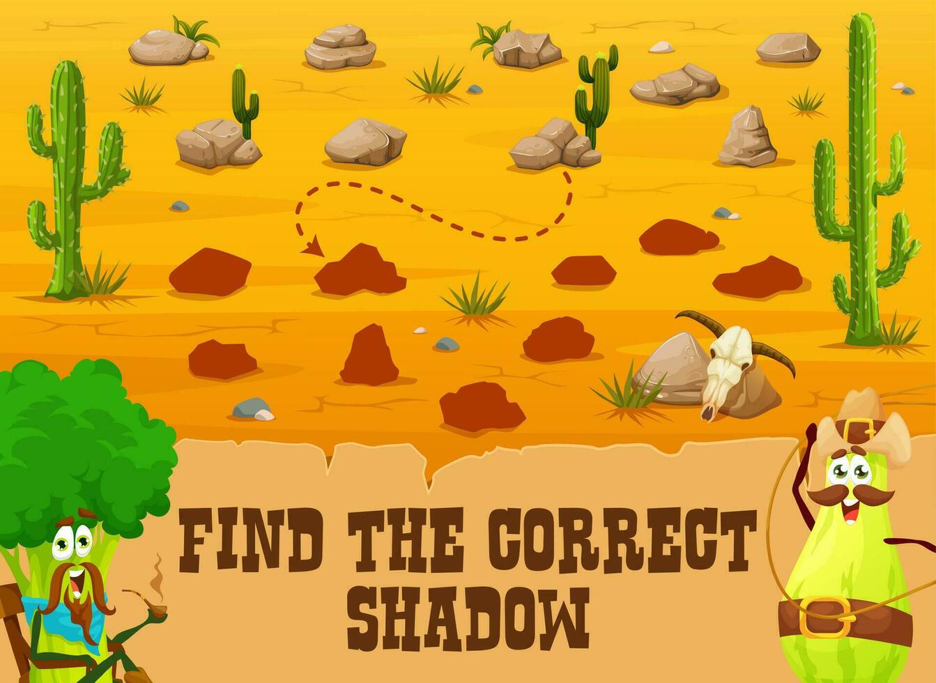 Western kids game find the correct shadow of stone vector