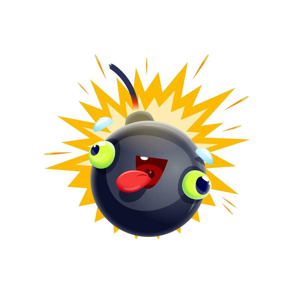 Cartoon crazy exploding bomb character with wick vector