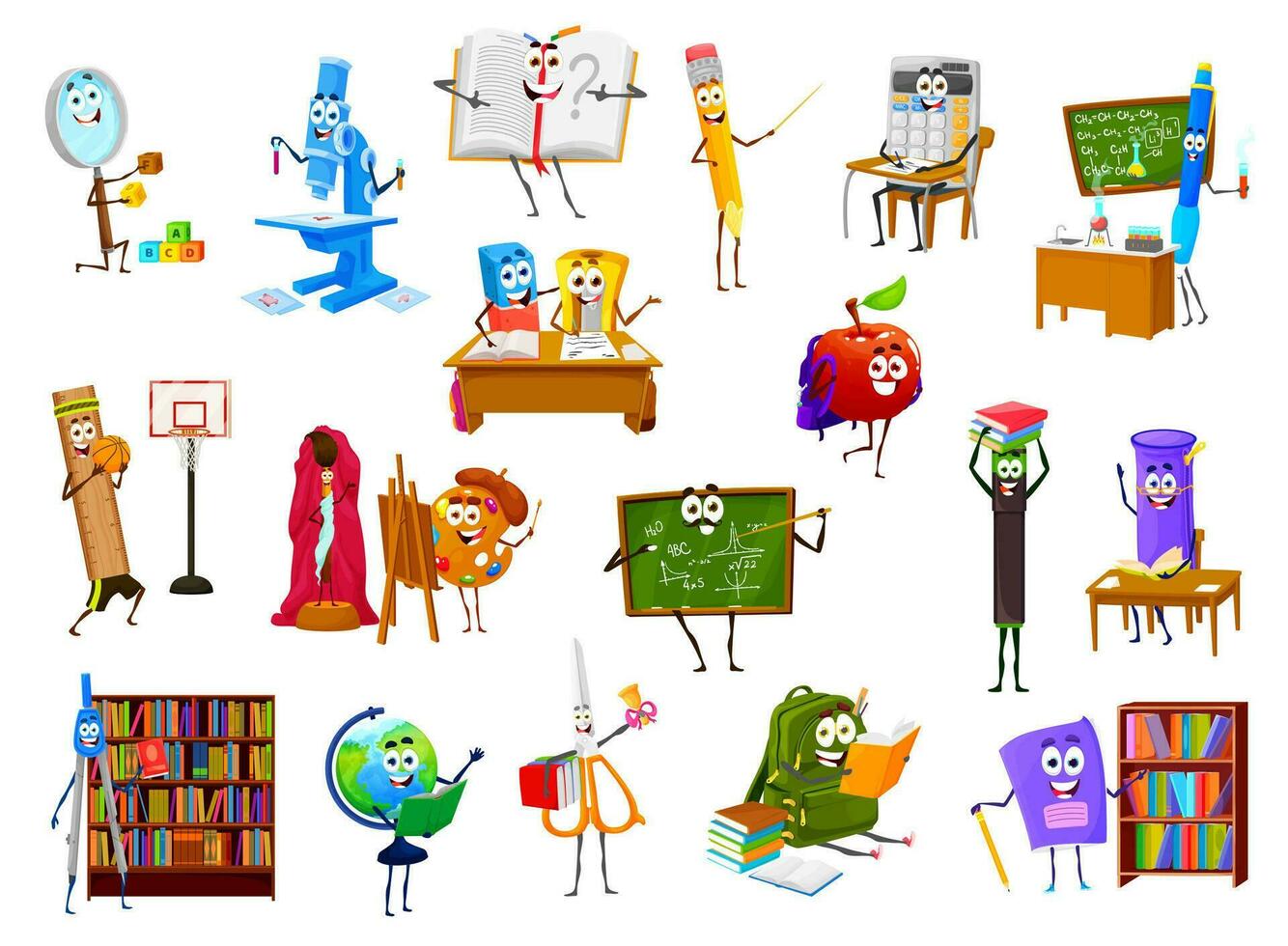 School supply stationery cartoon characters set vector