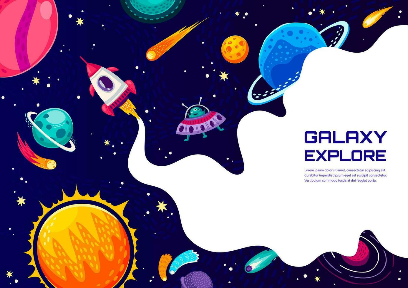 Space adventure poster cartoon rocket and ufo vector