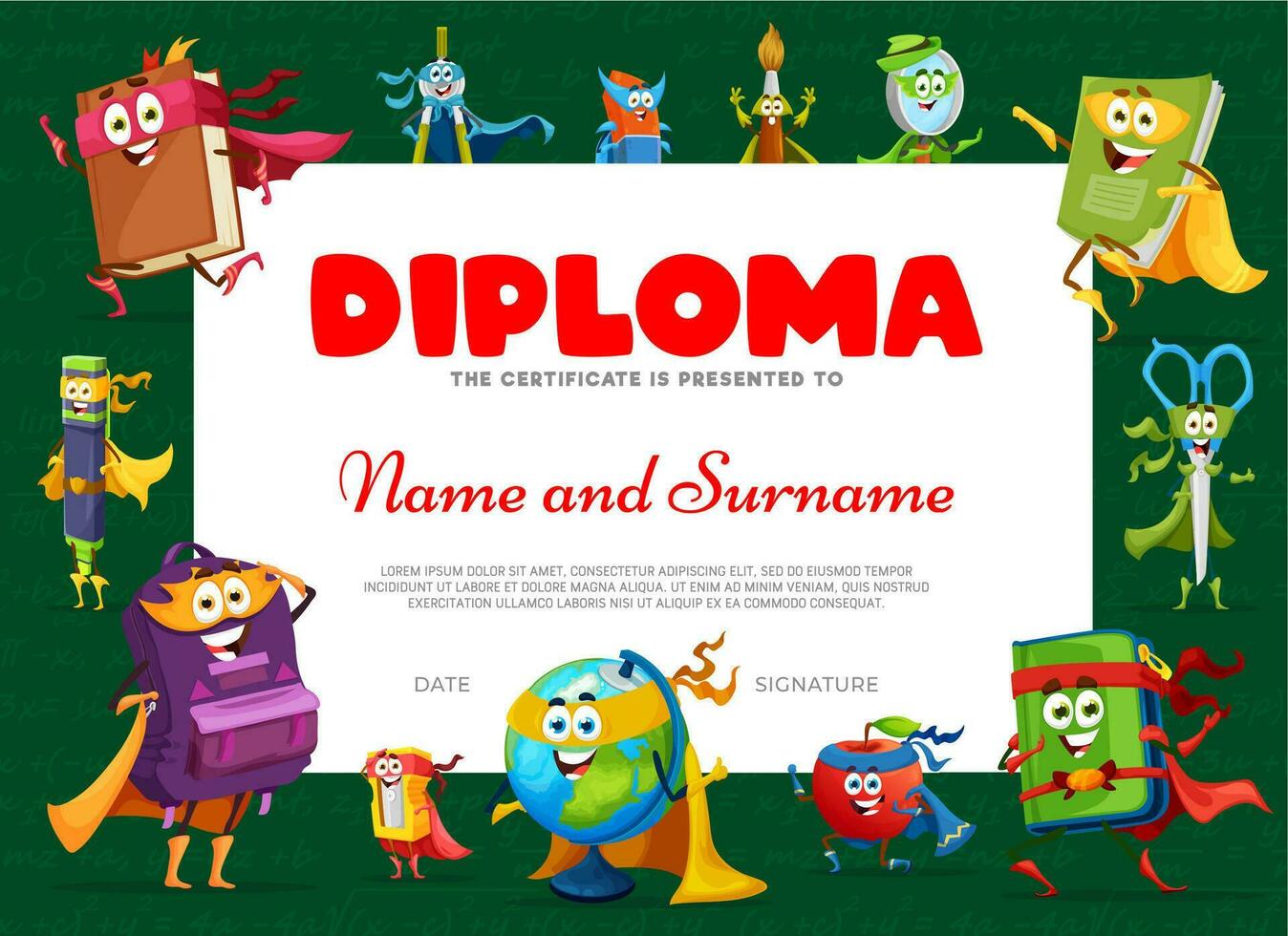 Kids diploma with stationery superhero characters vector