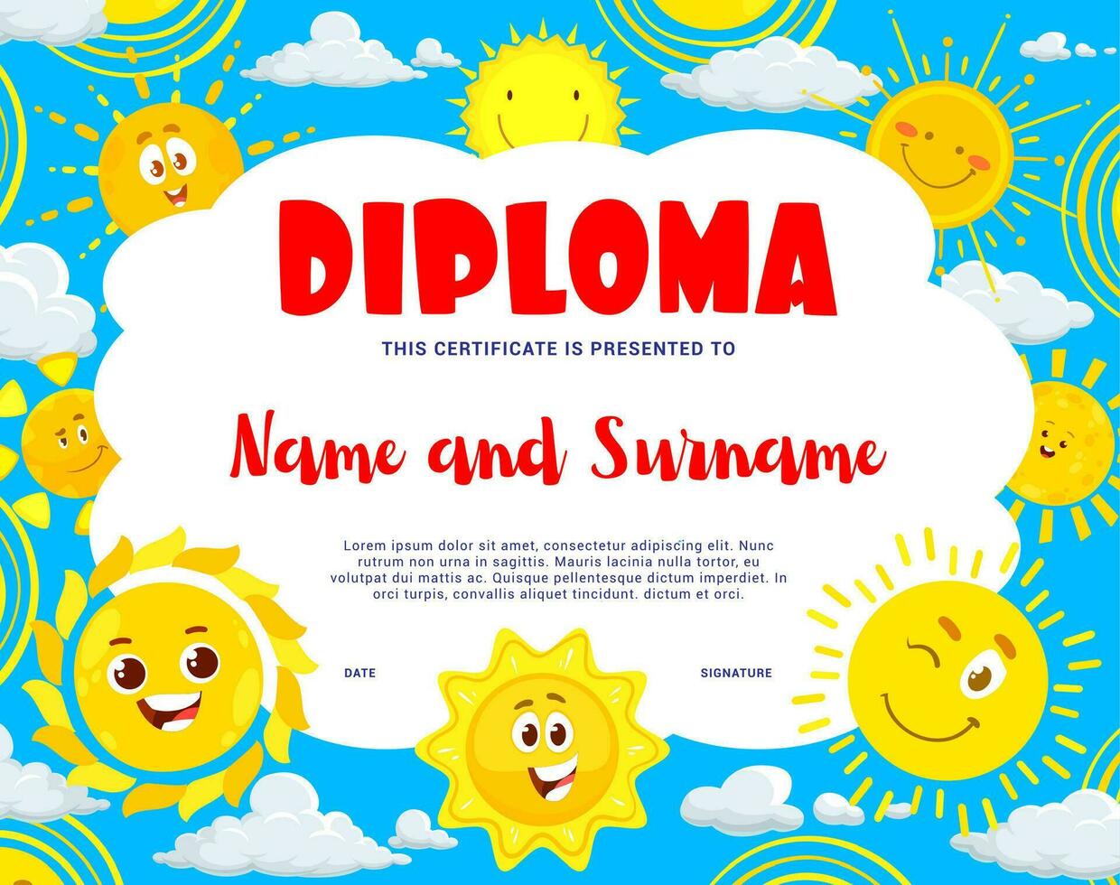 Kids diploma with cartoon sun funny characters vector