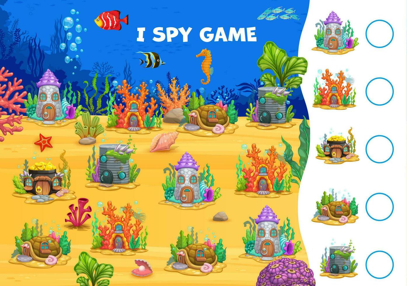 I spy game with fairytale underwater town houses vector