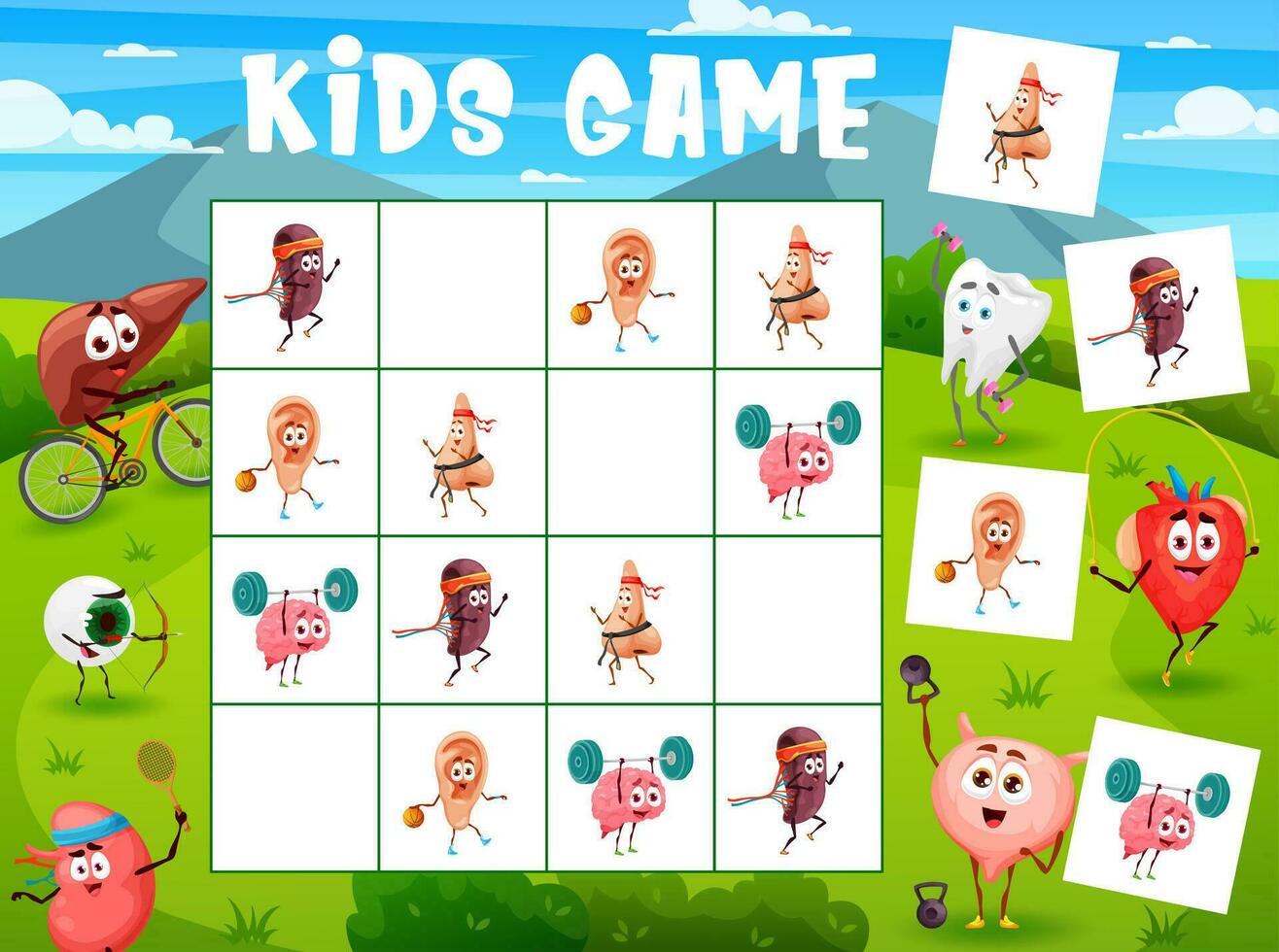 Sudoku kids game cartoon human organs sportsman vector