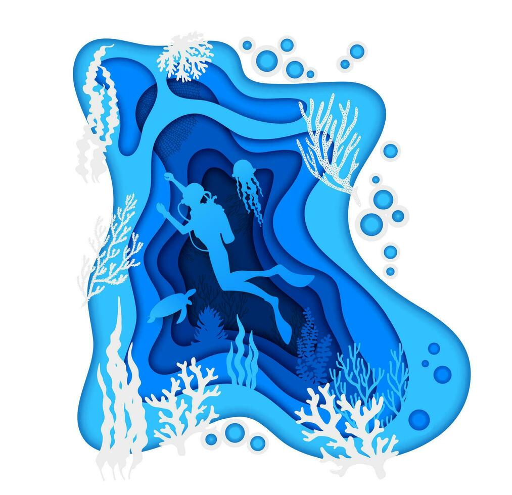 Diver in underwater papercut, sea landscape bottom vector