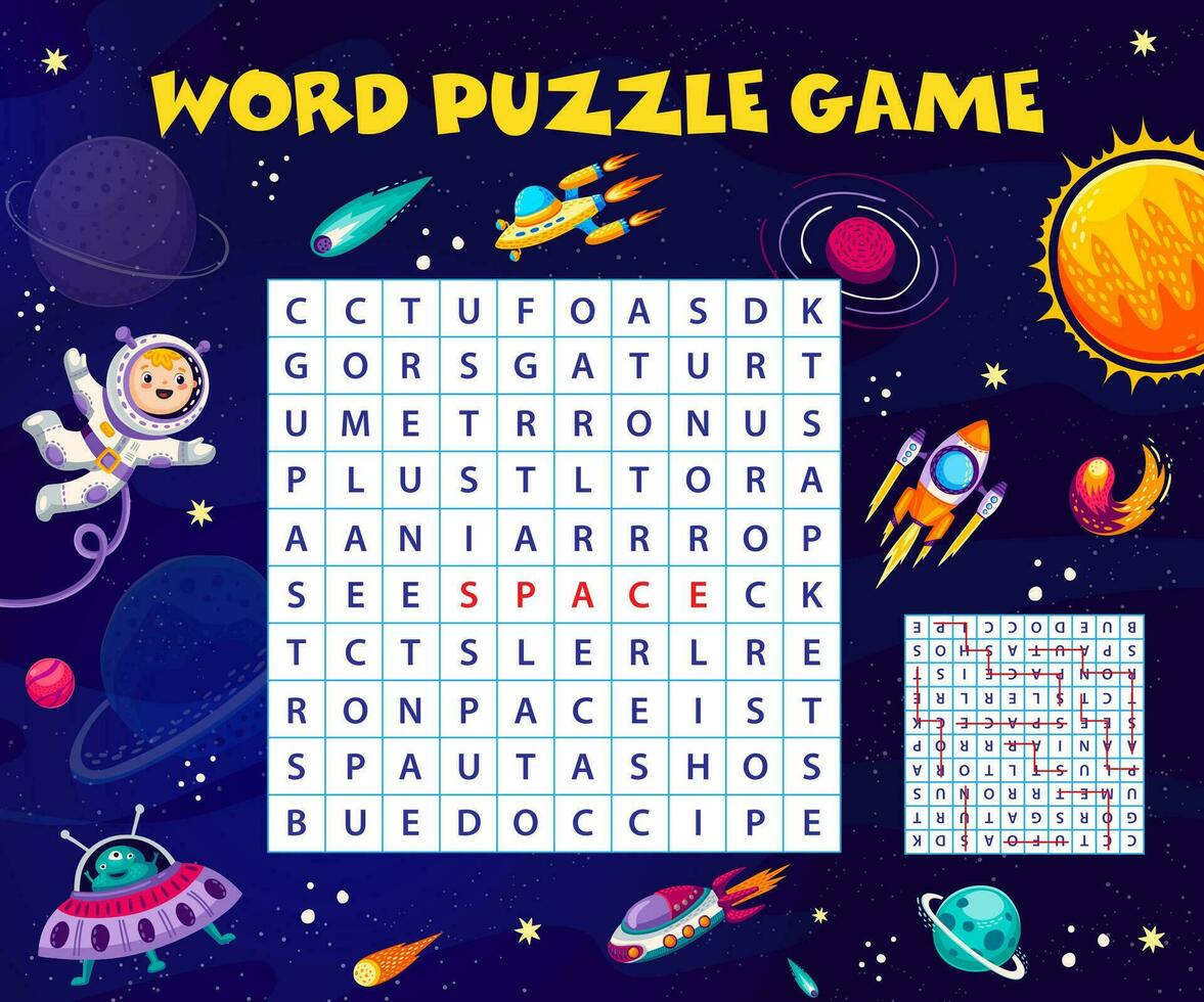 Word search puzzle game, cheerful astronaut, ufo vector