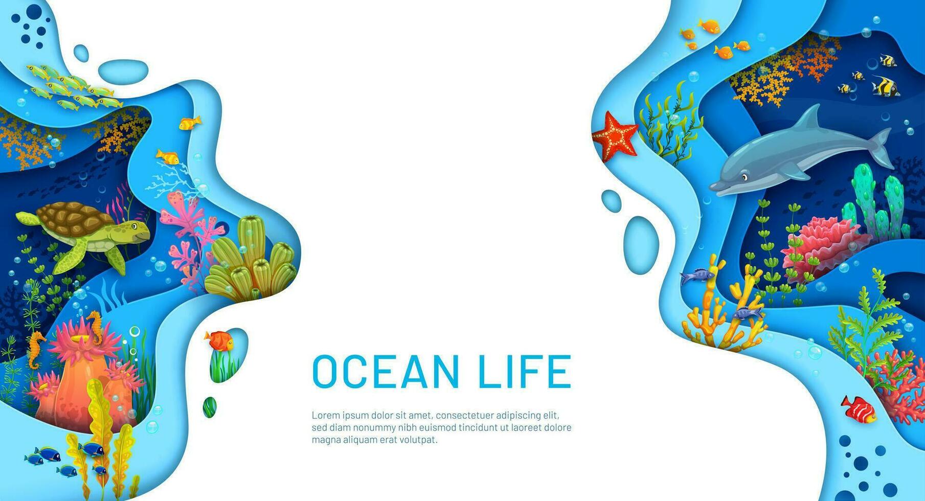 dibujos animados tortuga, delfín en papel cortar paisaje vector