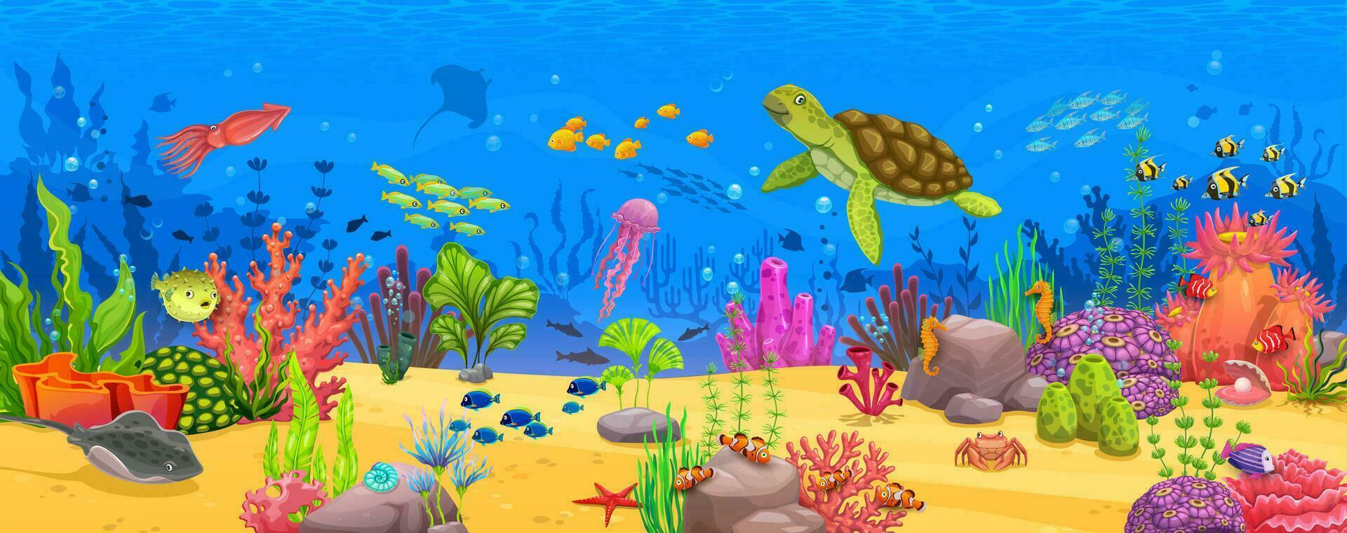 dibujos animados submarino paisaje con tortuga, peces vector