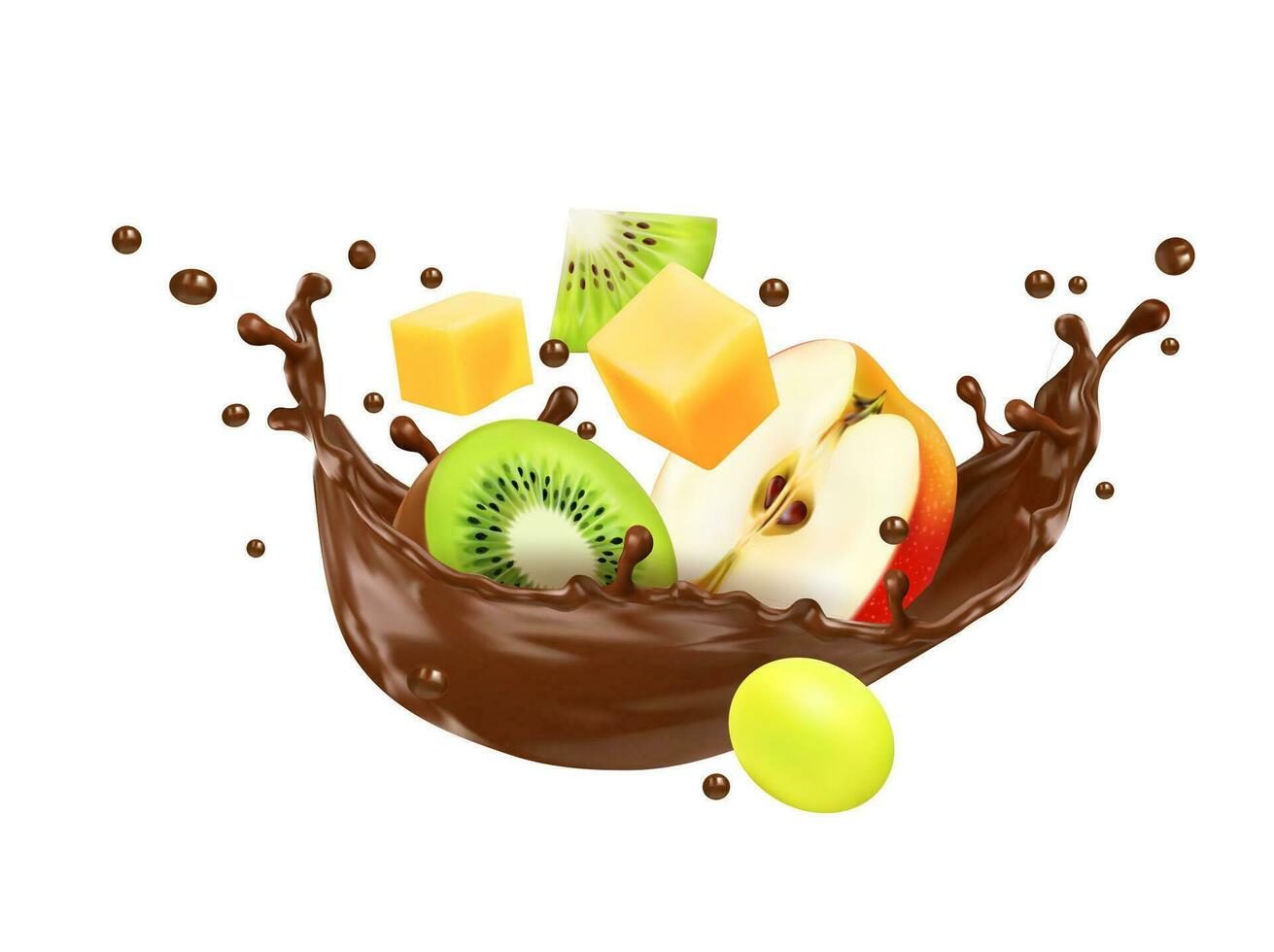 Realistic chocolate milk flow splash with fruits vector