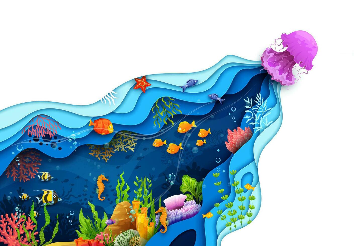 Cartoon underwater sea landscape paper cut art vector