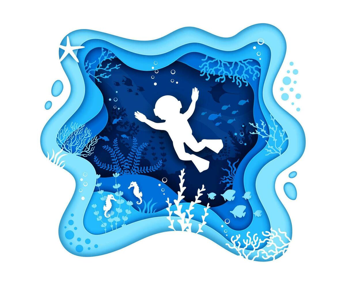 Diver silhouette on sea paper cut 3d landscape vector