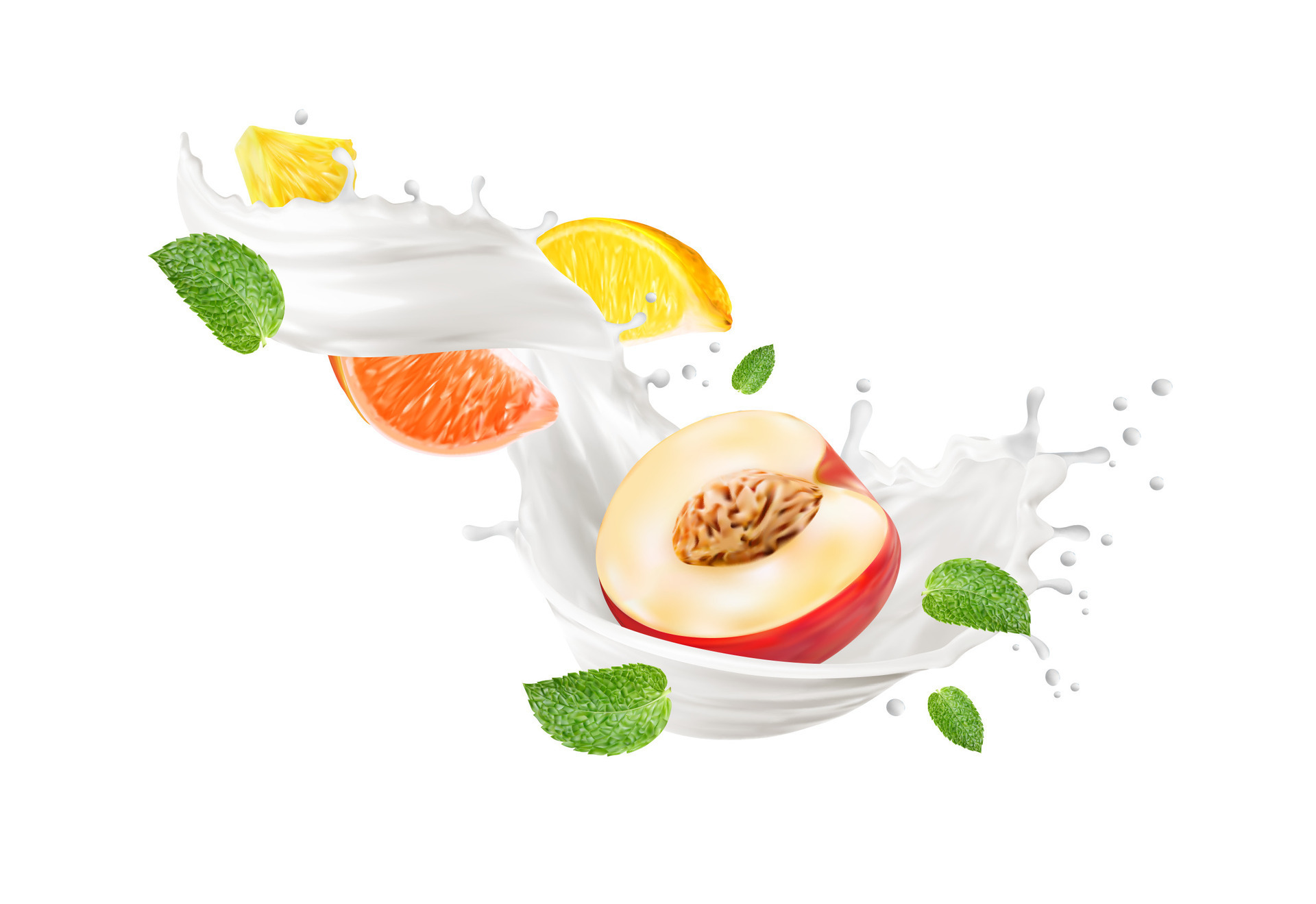 Realistic milk drink wave splash and fresh fruits 25432506 Vector Art