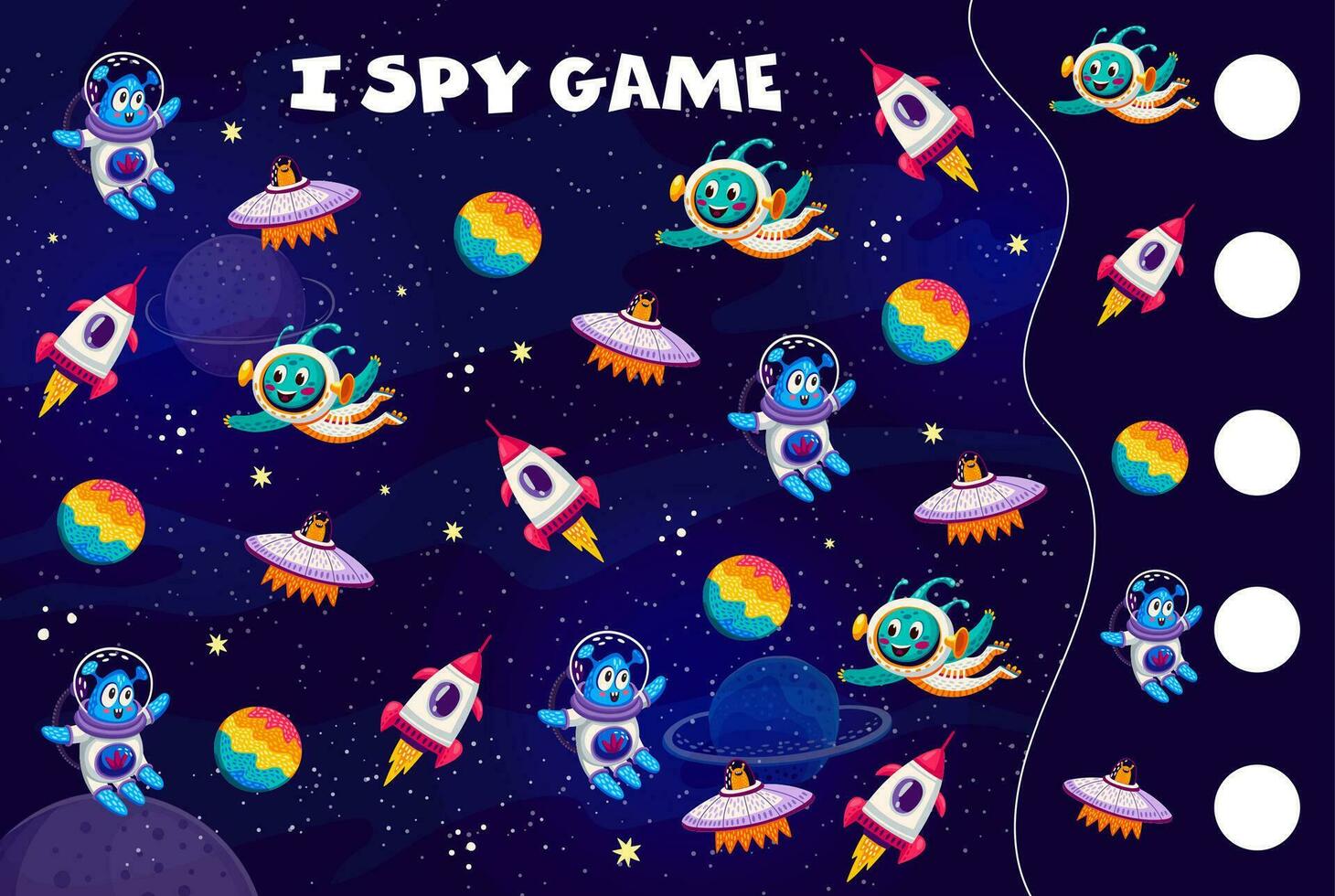 I spy game worksheet. Cartoon aliens and ufo vector