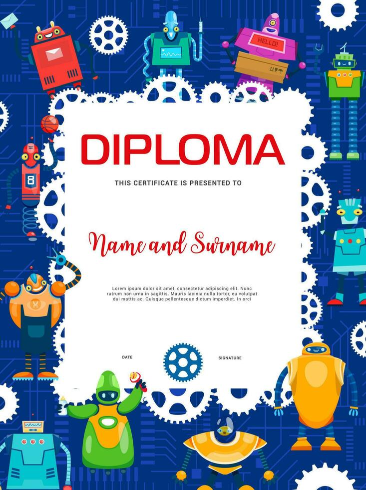 Kids diploma with cartoon robot, droid characters vector