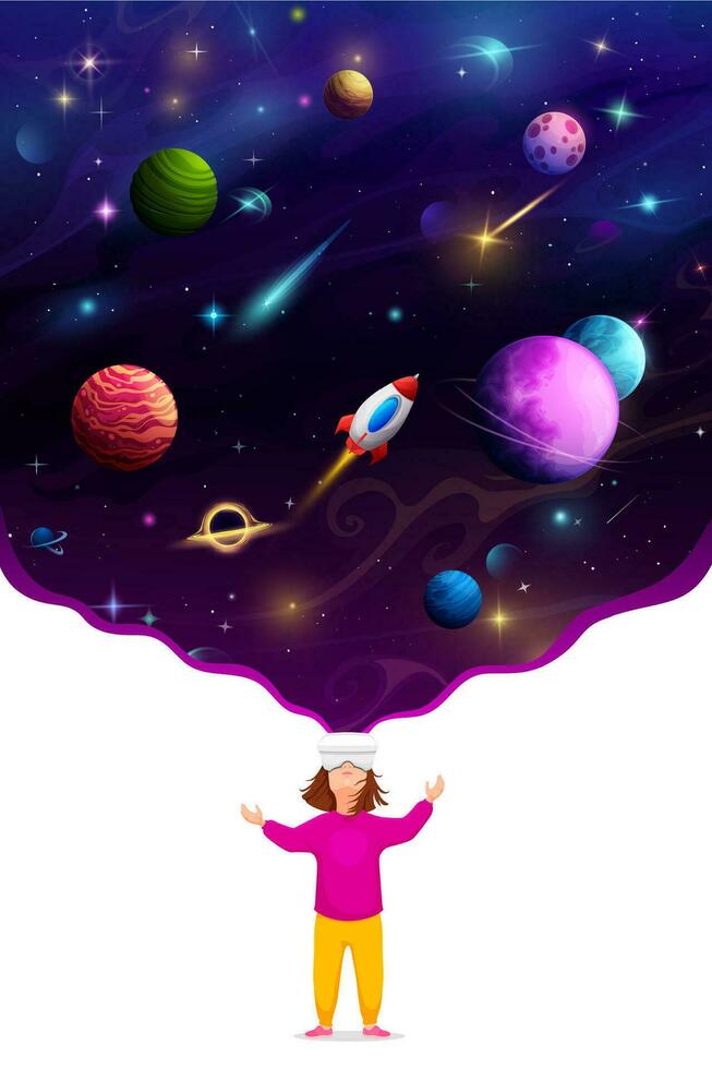 Girl kid in vr helmet looking at galaxy planets vector