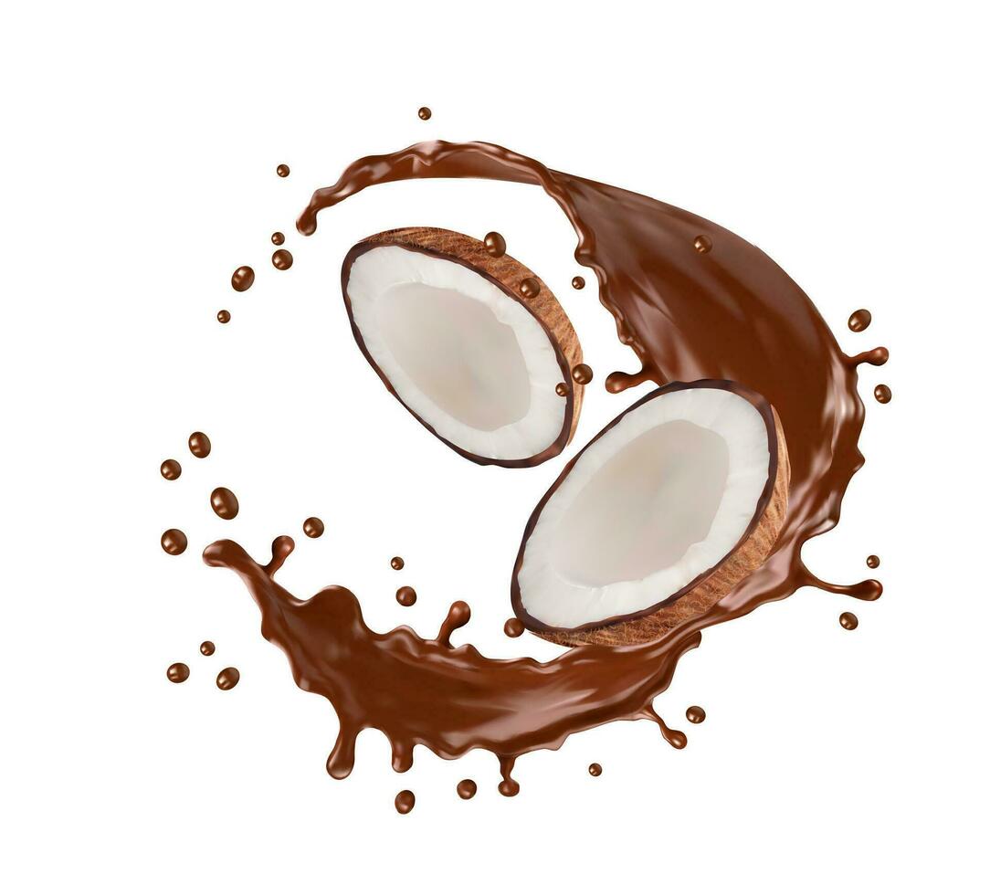 Realistic chocolate splash with coconut halves vector