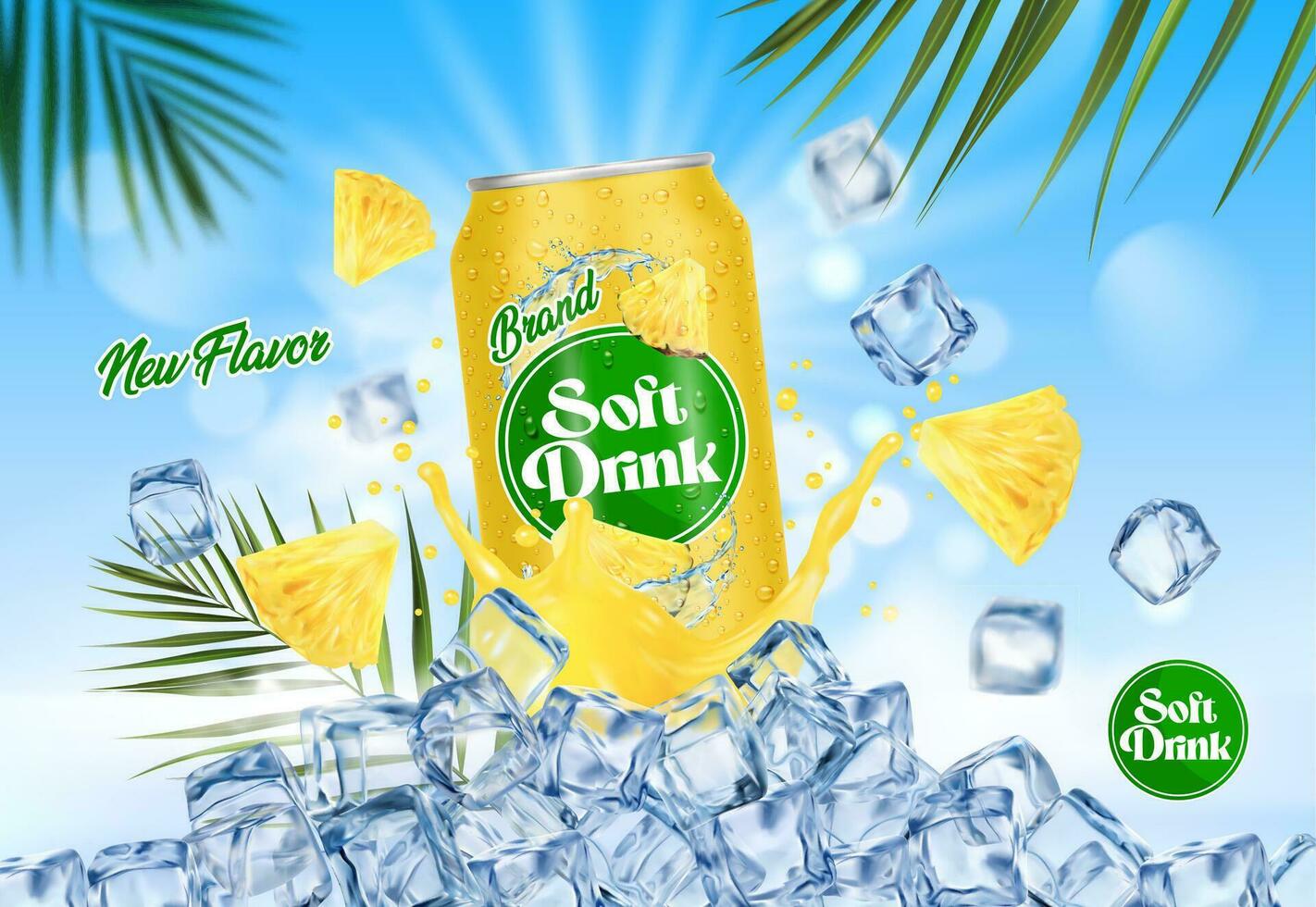 Pineapple drink can, fruit juice splash and ice vector