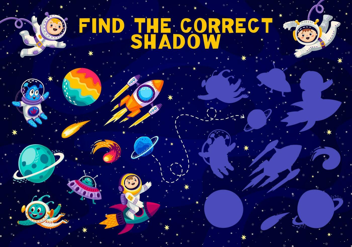 Find the correct shadow of characters and planets vector