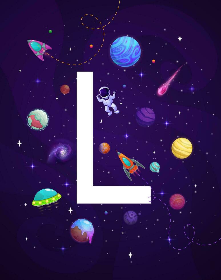 Cartoon space letter L, alphabet typeface backdrop vector