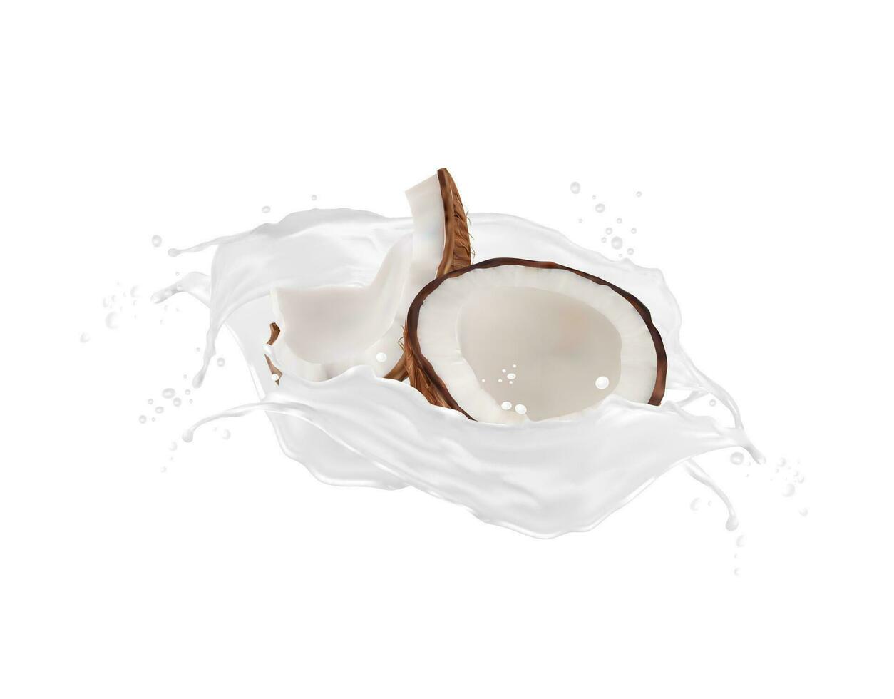 Realistic white coconut milk drink swirl splash vector