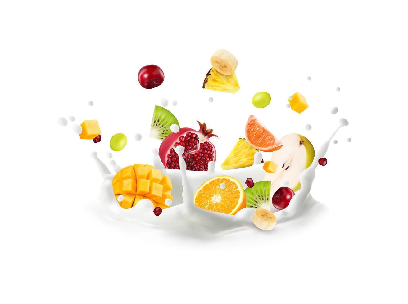 Realistic milk drink corona splash and fruits 25432540 Vector Art at