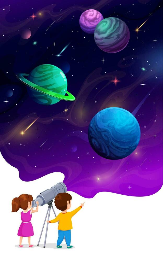 Cartoon boy and girl kid looking through telescope vector