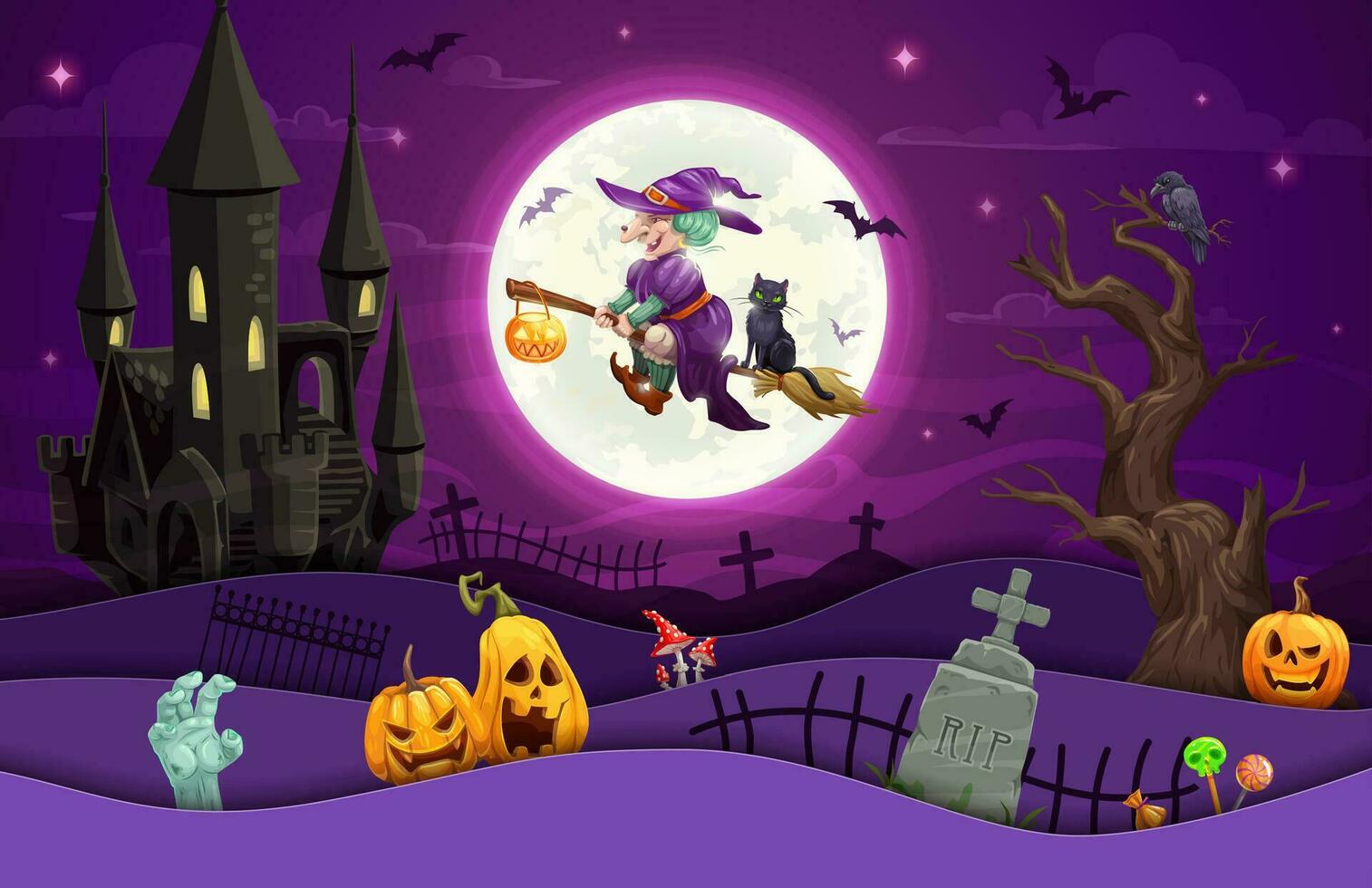 Halloween paper cut cartoon witch fly on cemetery vector