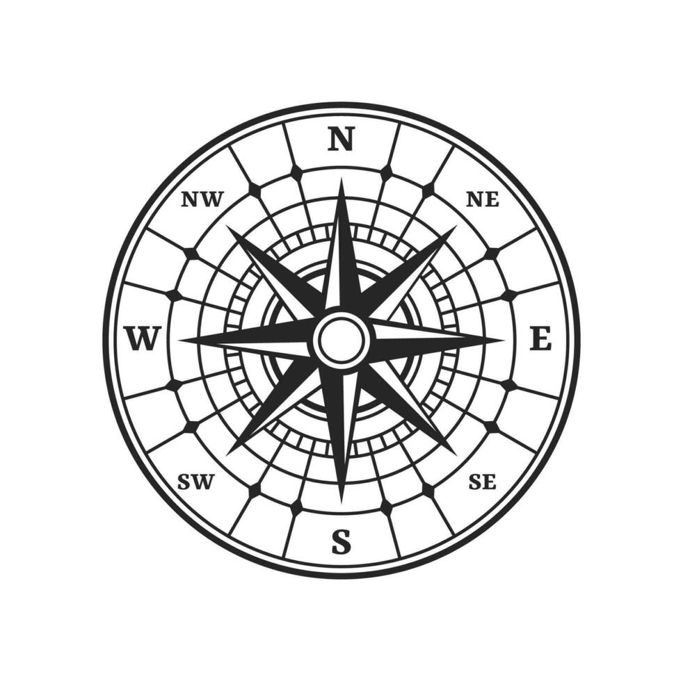 Compass, old wind rose star or vintage travel map vector