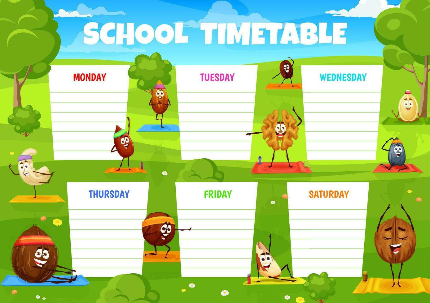 Education timetable schedule cartoon nuts on yoga vector