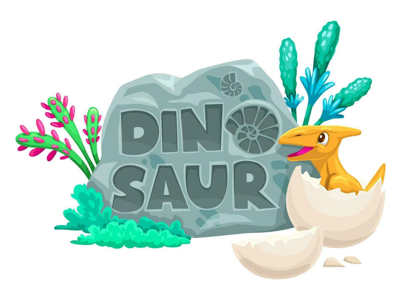 Cartoon dino character with egg, baby pterodactyl vector