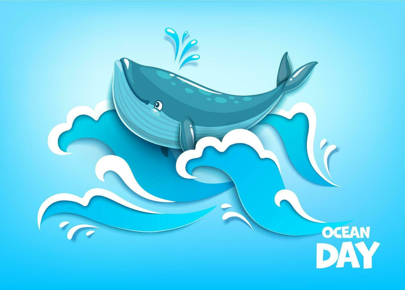 World oceans day. Whale and paper cut sea waves vector