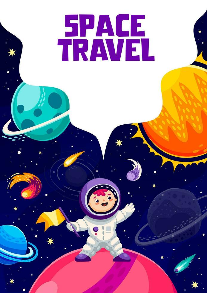 dibujos animados espacio viaje póster con niño astronauta vector